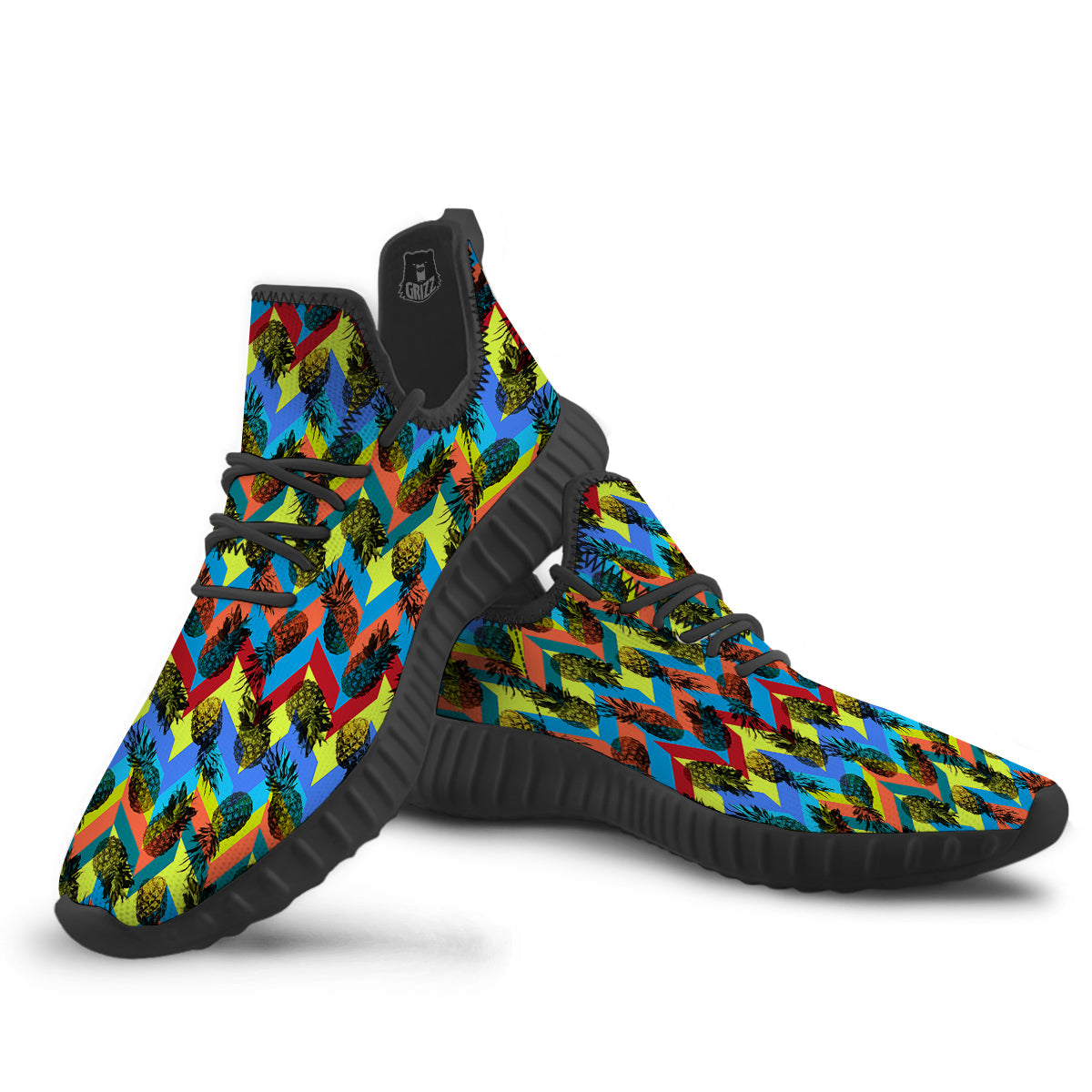 Pineapple Zigzag Print Pattern Black Walking Shoes-grizzshop