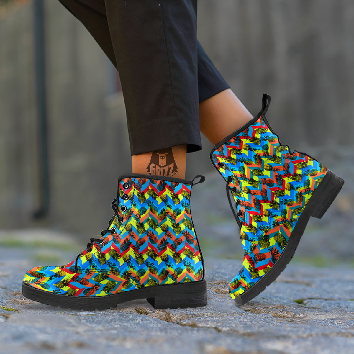 Pineapple Zigzag Print Pattern Leather Boots-grizzshop