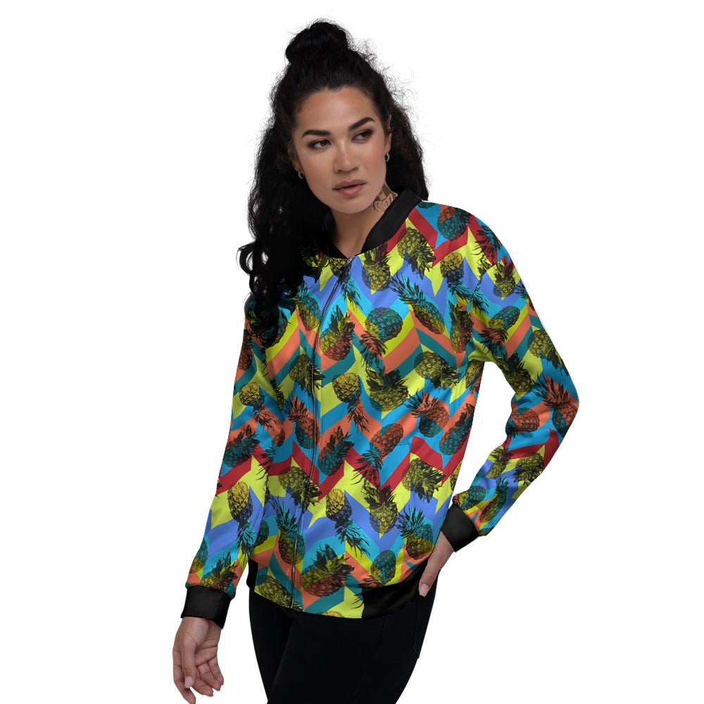 Pineapple Zigzag Print Pattern Women's Bomber Jacket-grizzshop