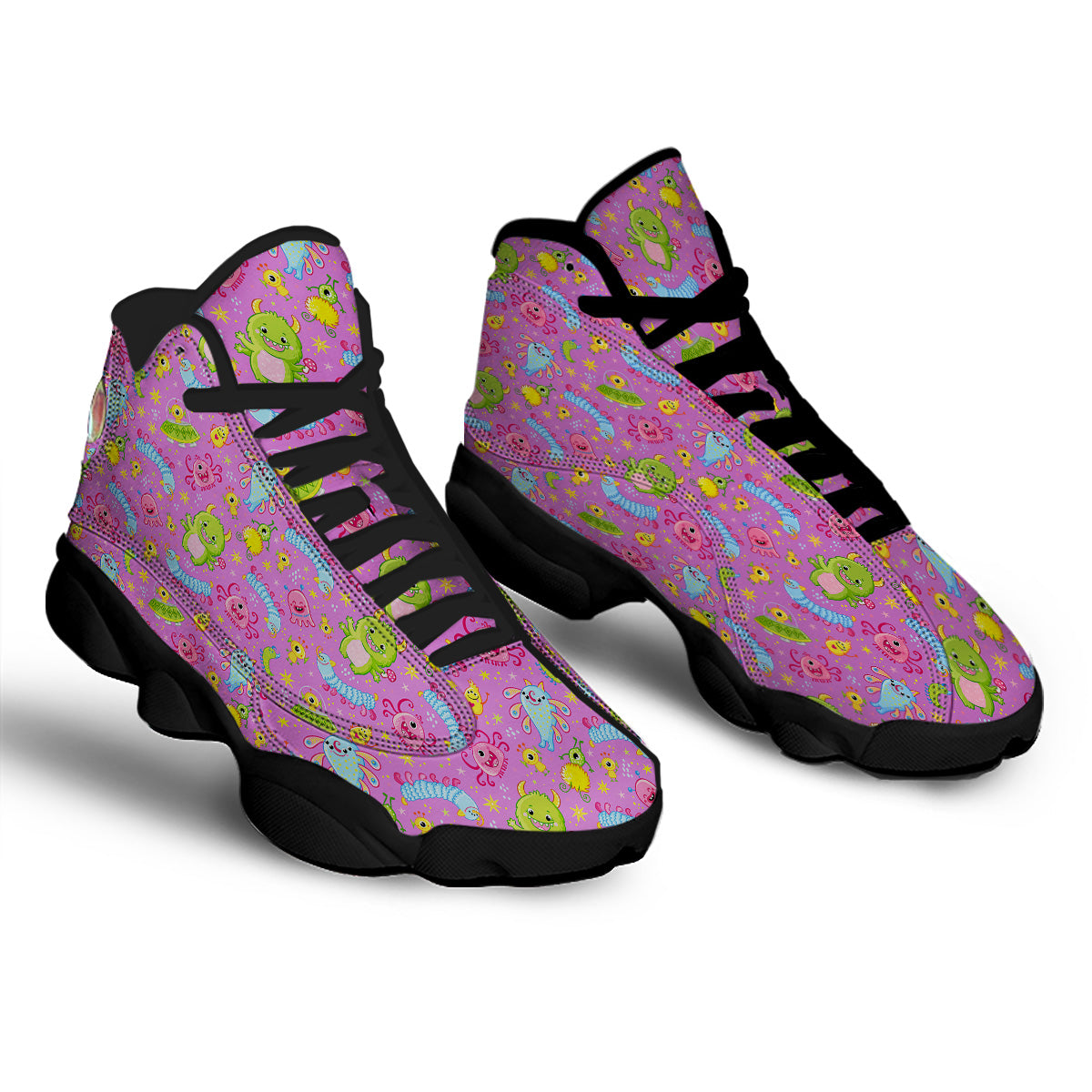 Pink Alien And Cute Monsters Print Pattern Black Basketball Shoes-grizzshop