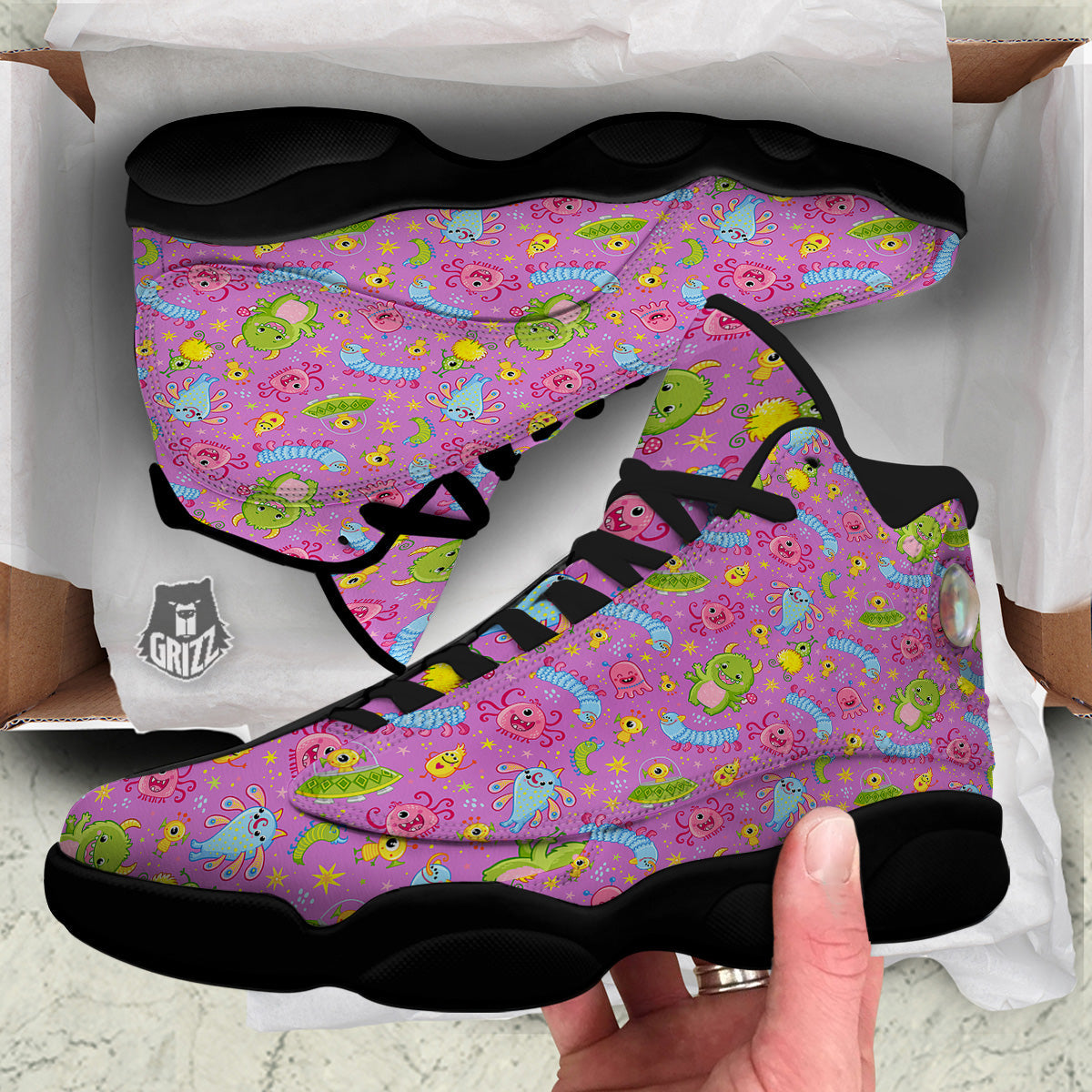 Pink Alien And Cute Monsters Print Pattern Black Basketball Shoes-grizzshop
