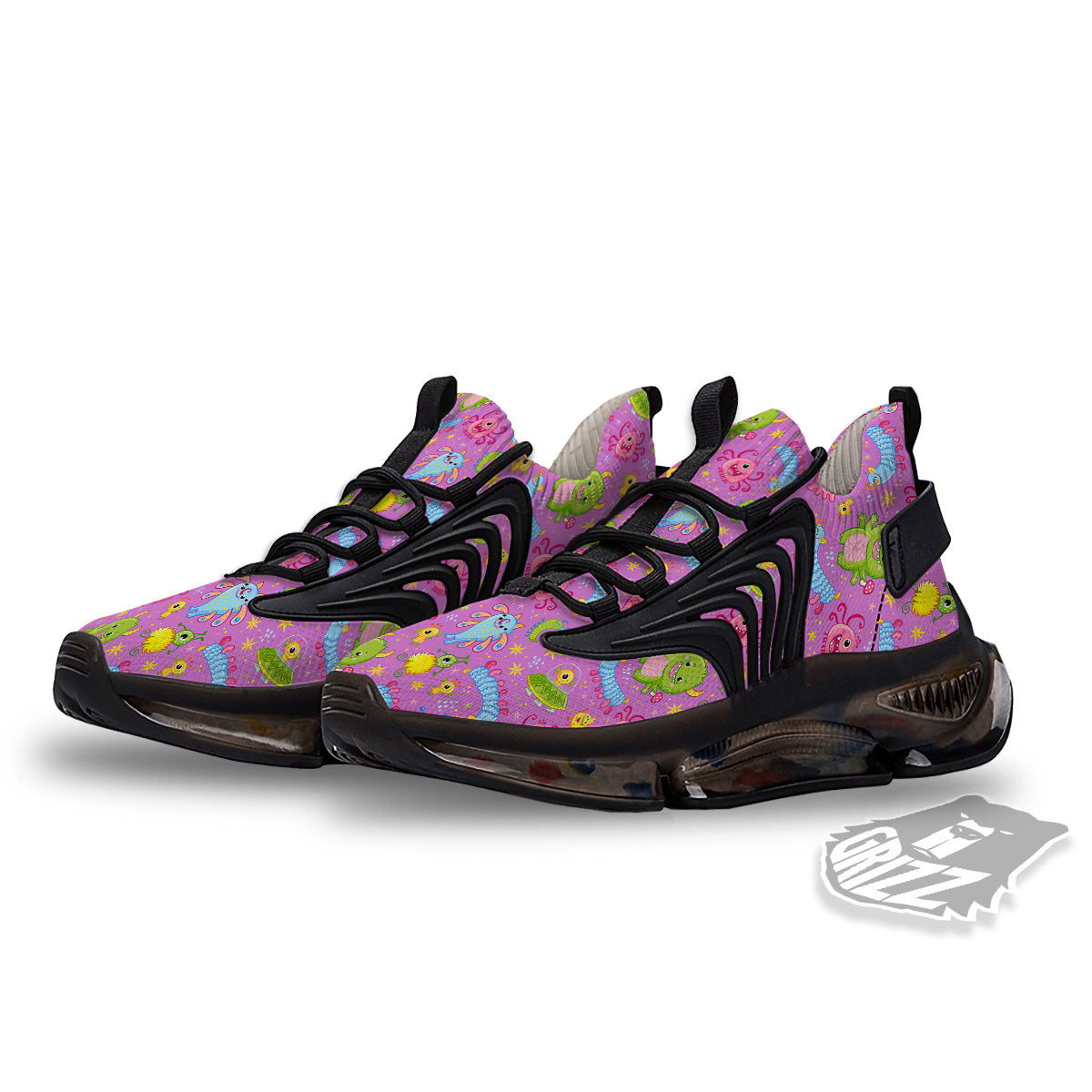 Pink Alien And Cute Monsters Print Pattern Black Gym Shoes-grizzshop