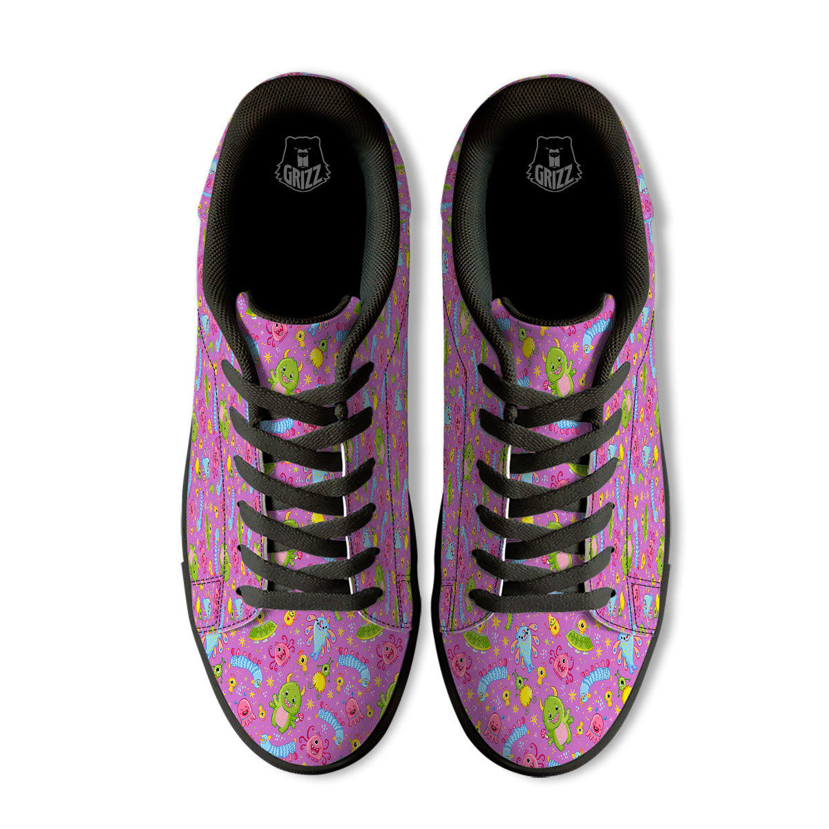 Pink Alien And Cute Monsters Print Pattern Black Low Top Sneakers-grizzshop