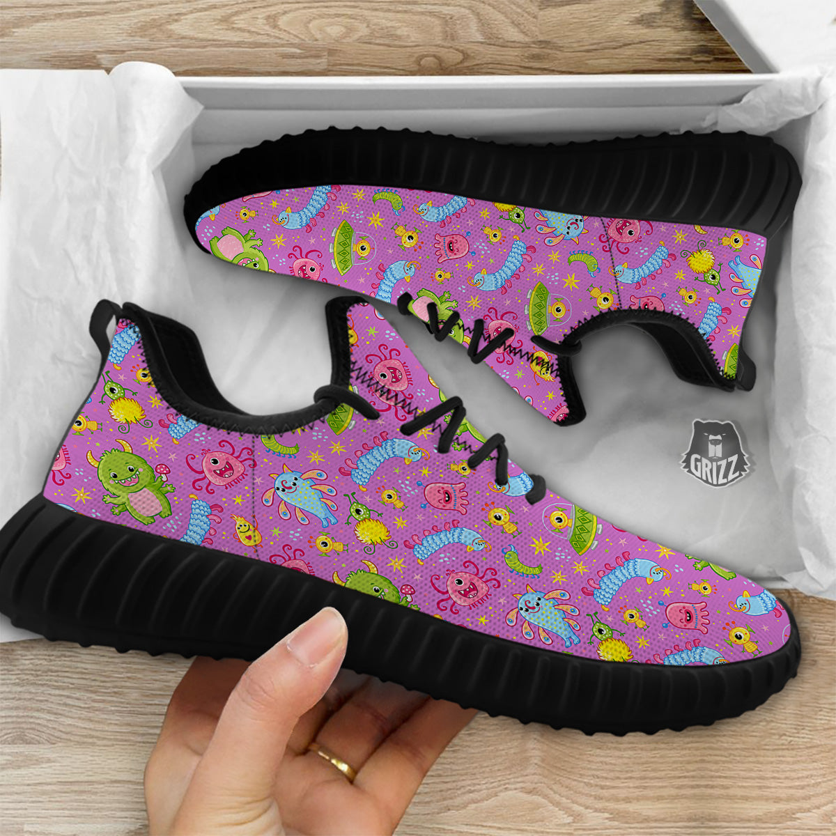 Pink Alien And Cute Monsters Print Pattern Black Walking Shoes-grizzshop