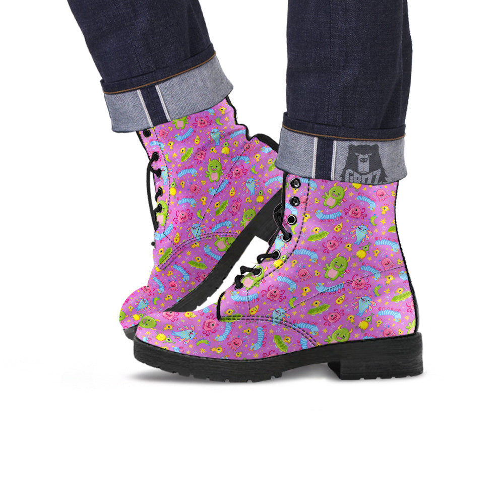 Pink Alien And Cute Monsters Print Pattern Leather Boots-grizzshop