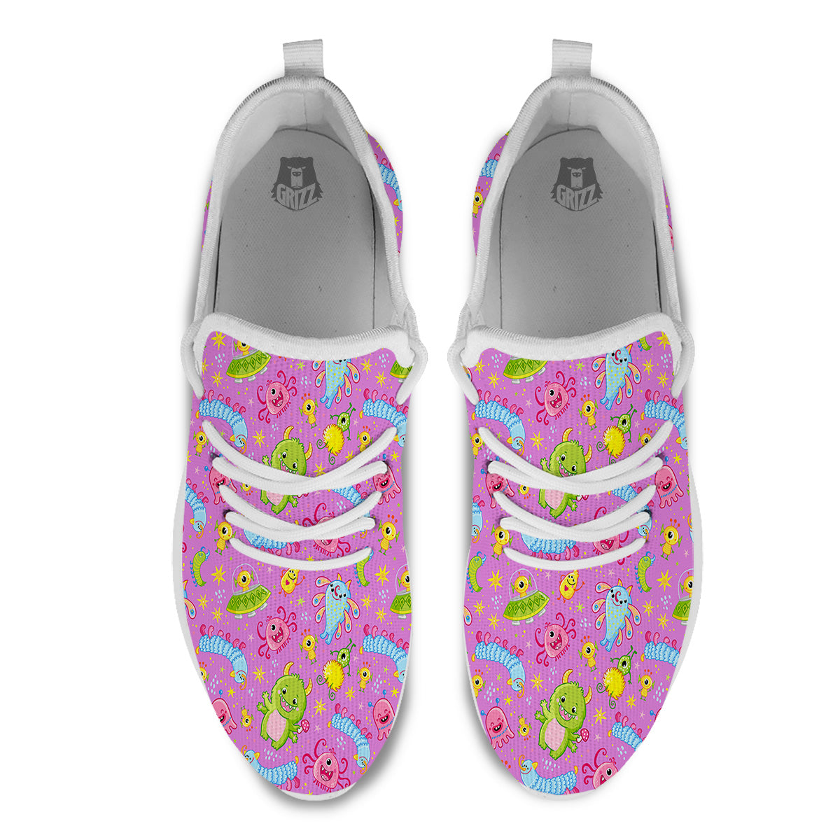 Pink Alien And Cute Monsters Print Pattern White Athletic Shoes-grizzshop