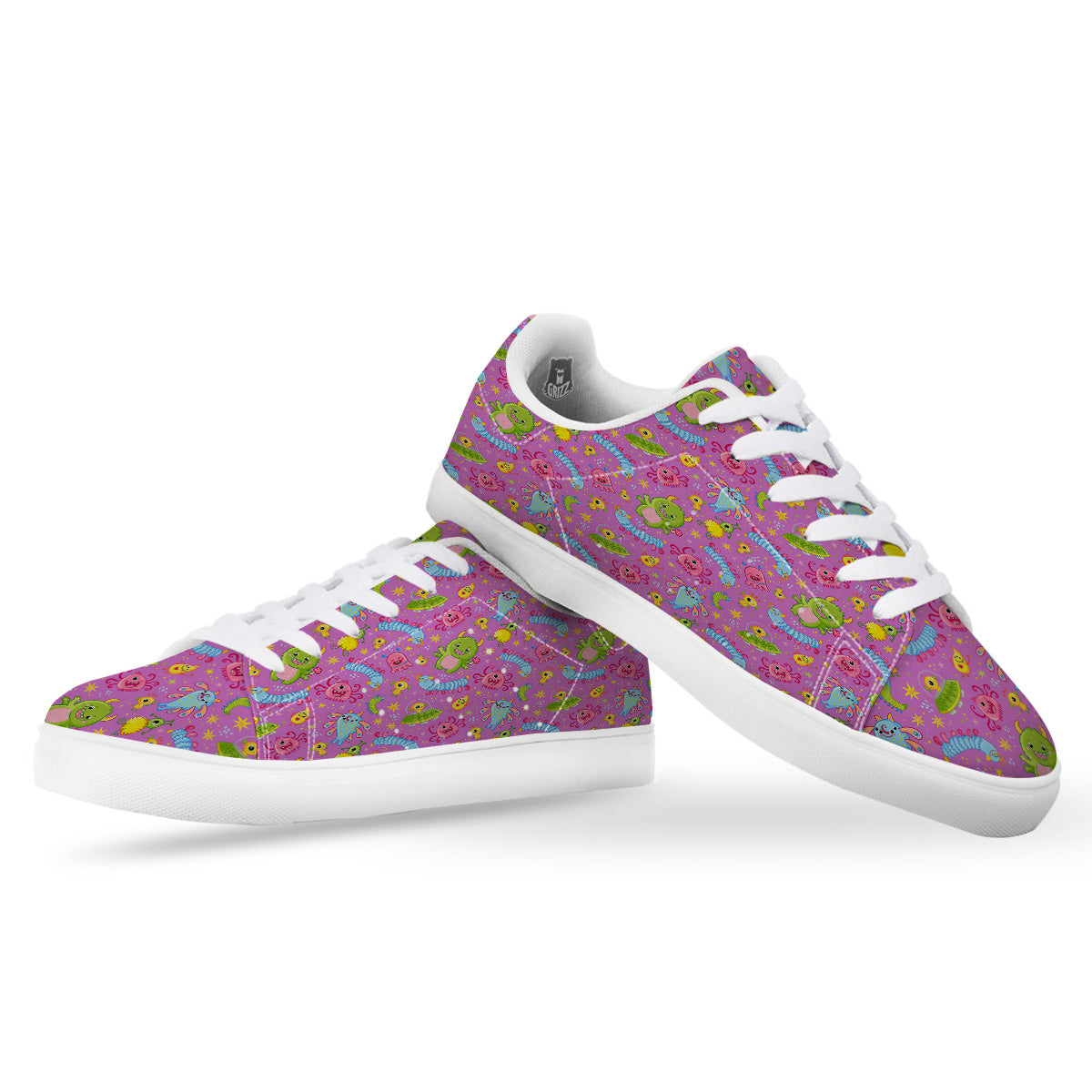 Pink Alien And Cute Monsters Print Pattern White Low Top Sneakers-grizzshop