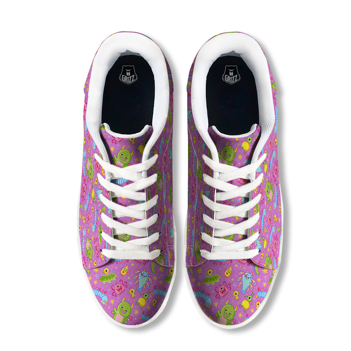 Pink Alien And Cute Monsters Print Pattern White Low Top Sneakers-grizzshop