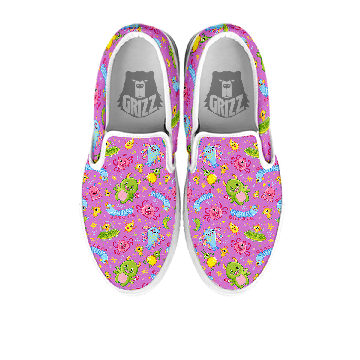 Pink Alien And Cute Monsters Print Pattern White Slip On Shoes-grizzshop