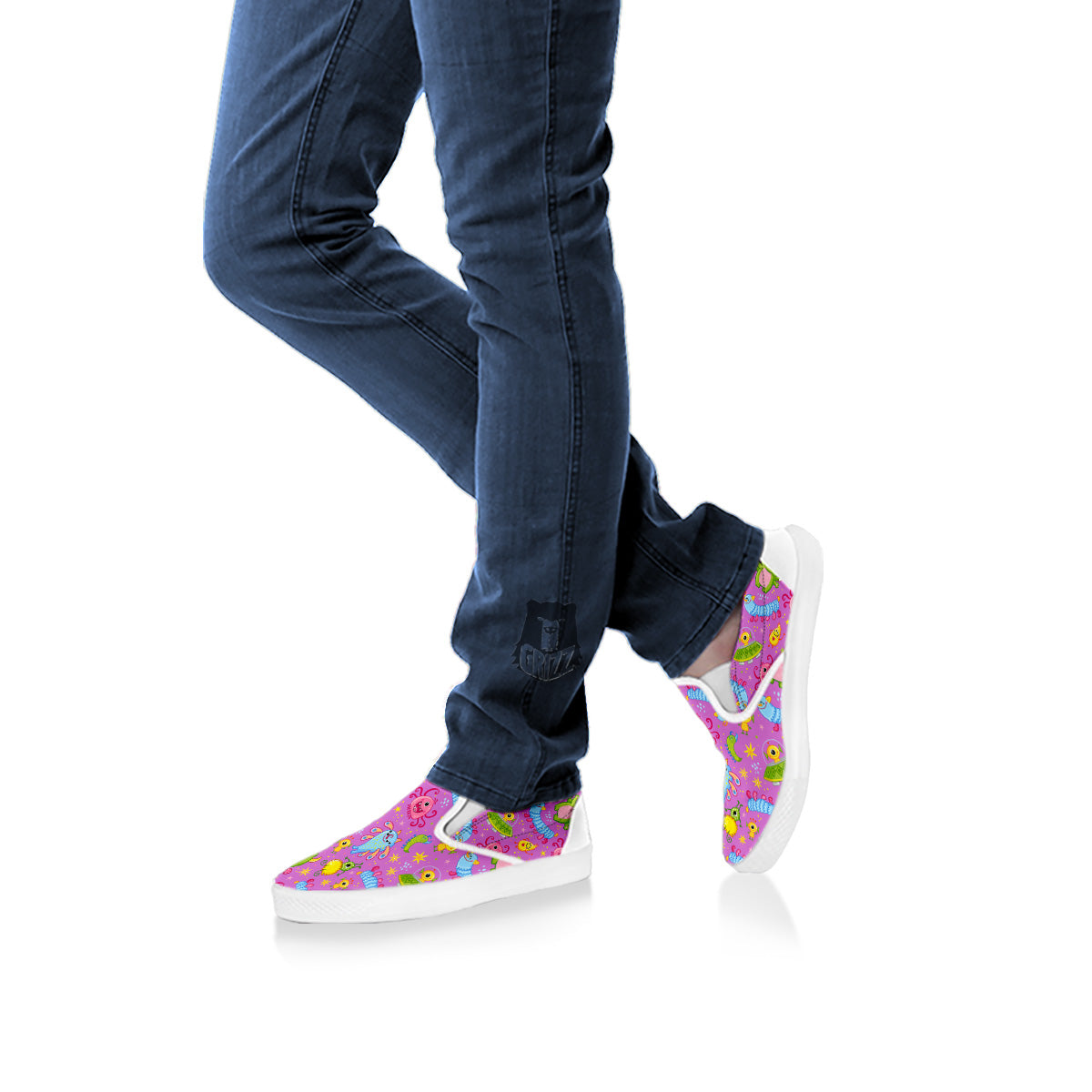 Pink Alien And Cute Monsters Print Pattern White Slip On Shoes-grizzshop