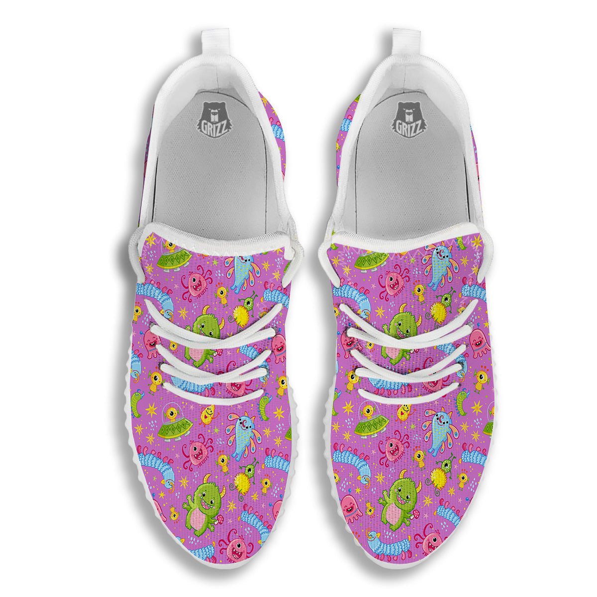 Pink Alien And Cute Monsters Print Pattern White Walking Shoes-grizzshop