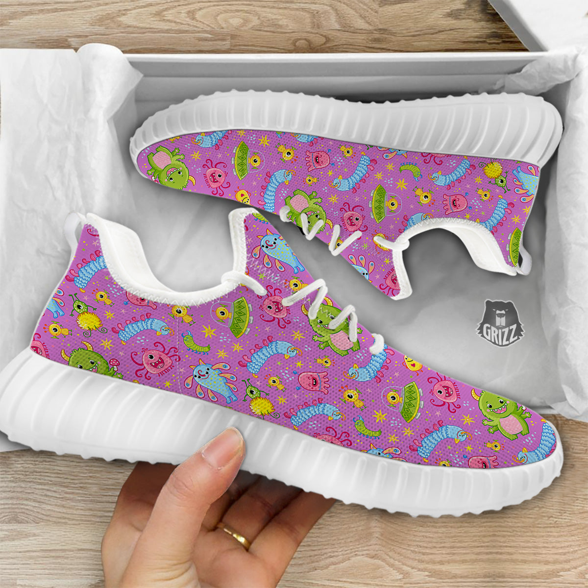 Pink Alien And Cute Monsters Print Pattern White Walking Shoes-grizzshop