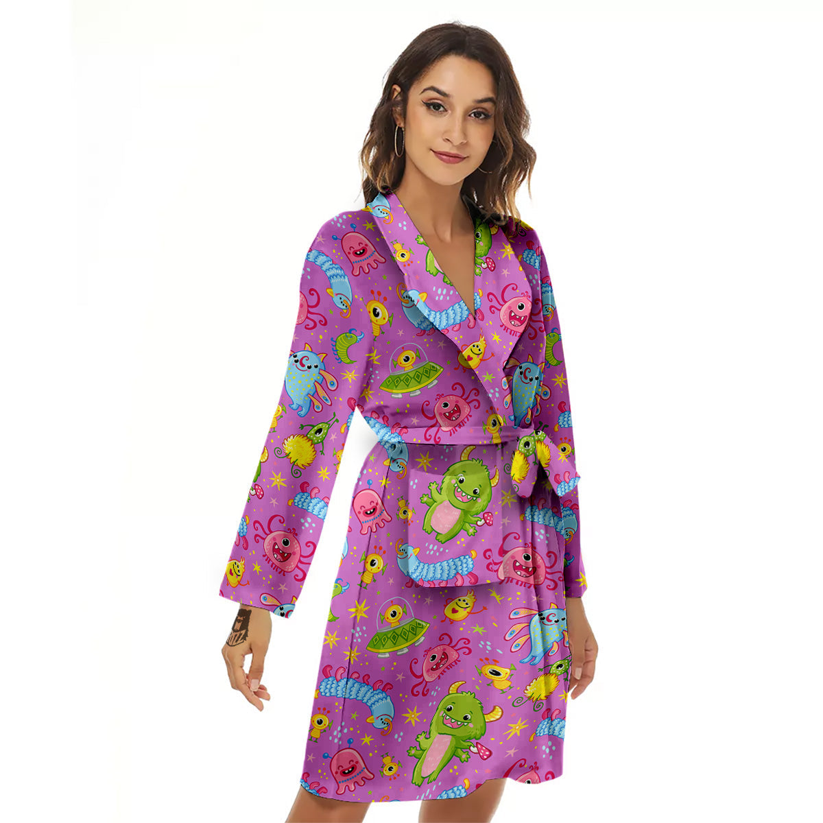 Pink Alien And Cute Monsters Print Pattern Women's Robe-grizzshop