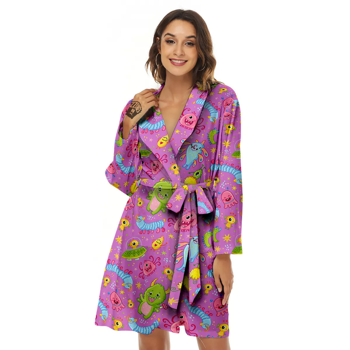 Pink Alien And Cute Monsters Print Pattern Women's Robe-grizzshop