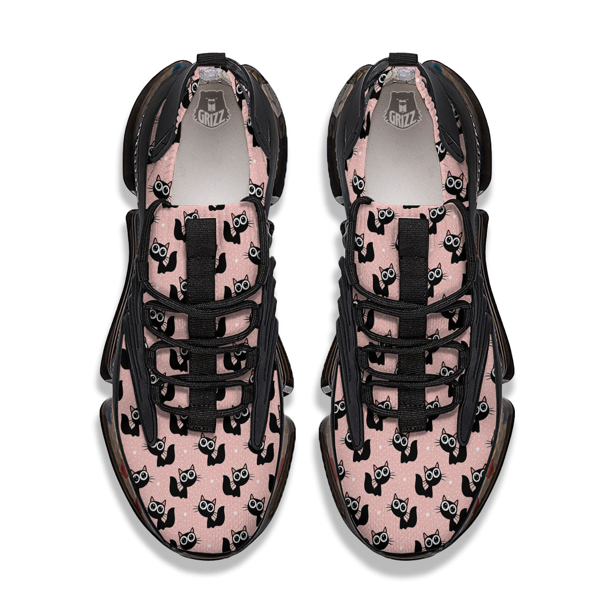 Pink And Black Cat Print Pattern Black Gym Shoes-grizzshop