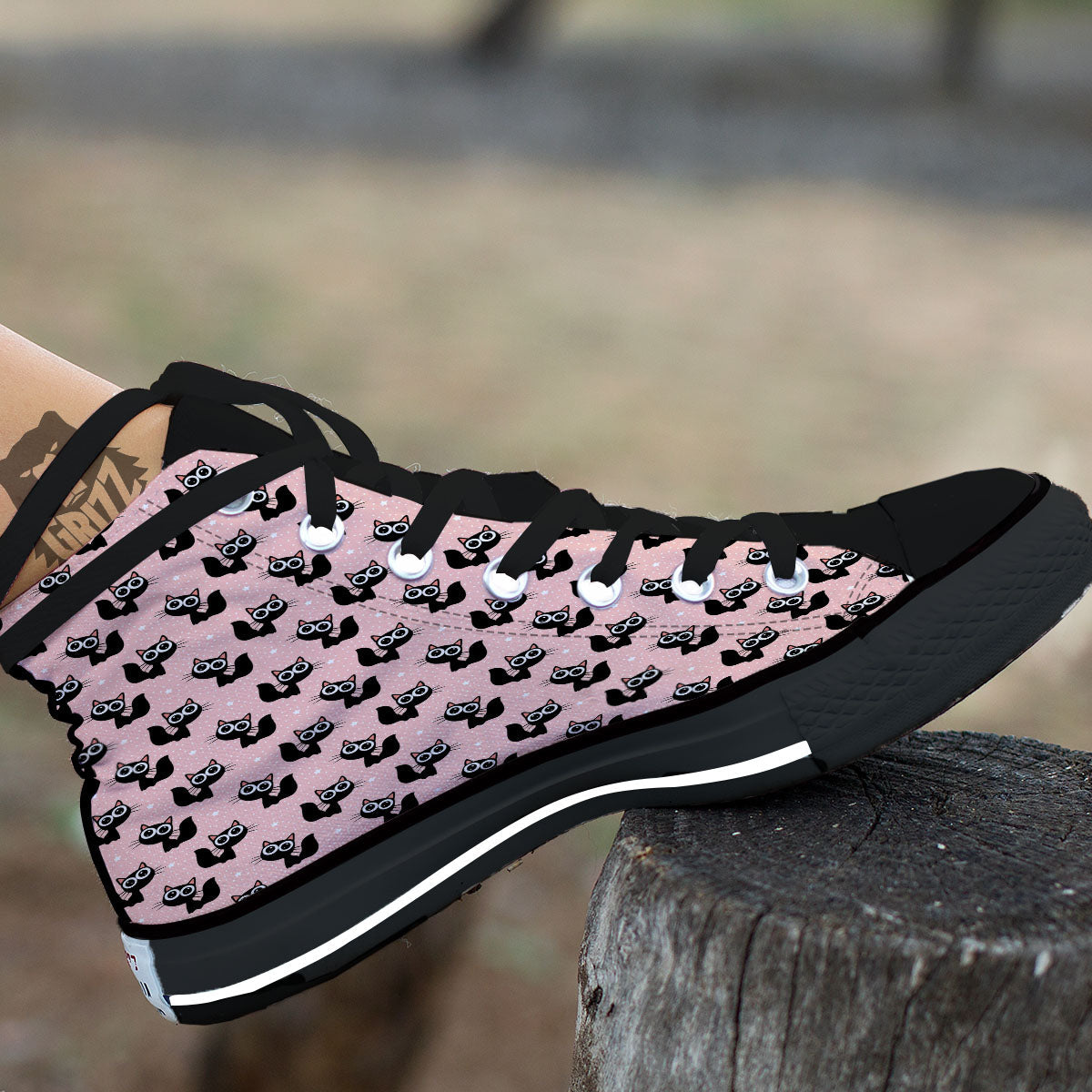 Pink And Black Cat Print Pattern Black High Top Shoes-grizzshop