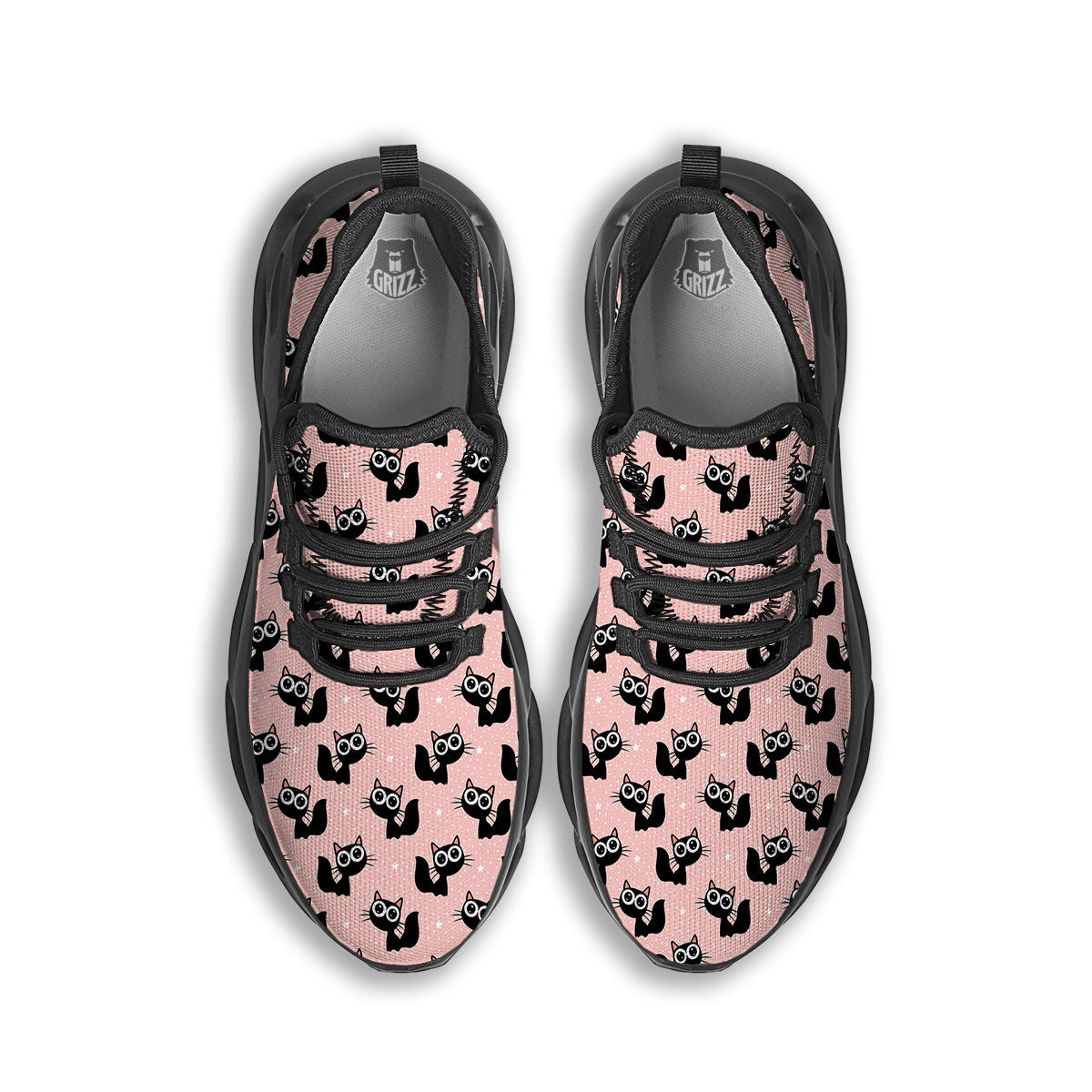 Pink And Black Cat Print Pattern Black Running Shoes-grizzshop