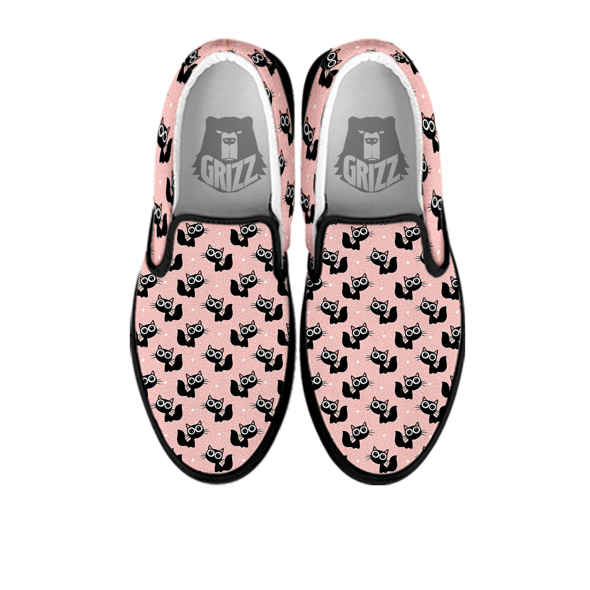 Pink And Black Cat Print Pattern Black Slip On Shoes-grizzshop