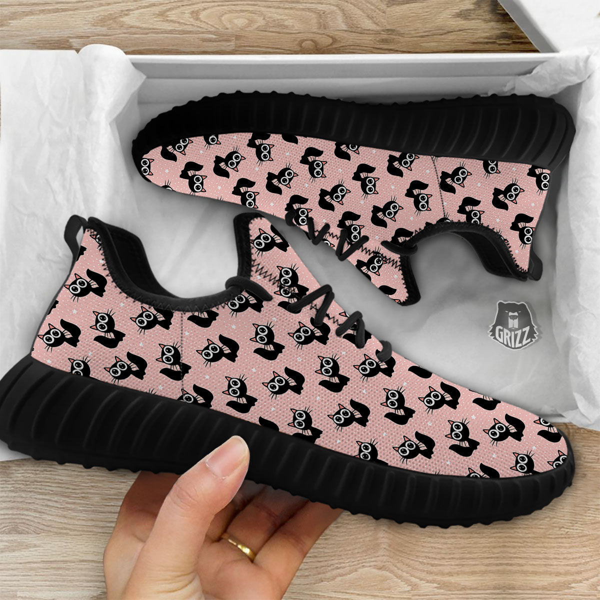 Pink And Black Cat Print Pattern Black Walking Shoes-grizzshop