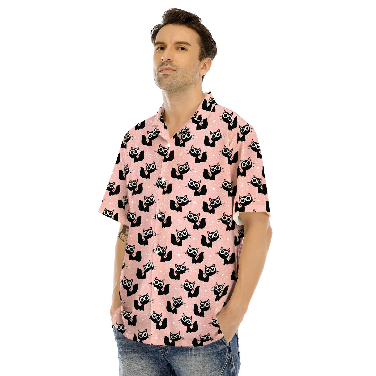 Pink And Black Cat Print Pattern Men's Hawaiian Shirt-grizzshop