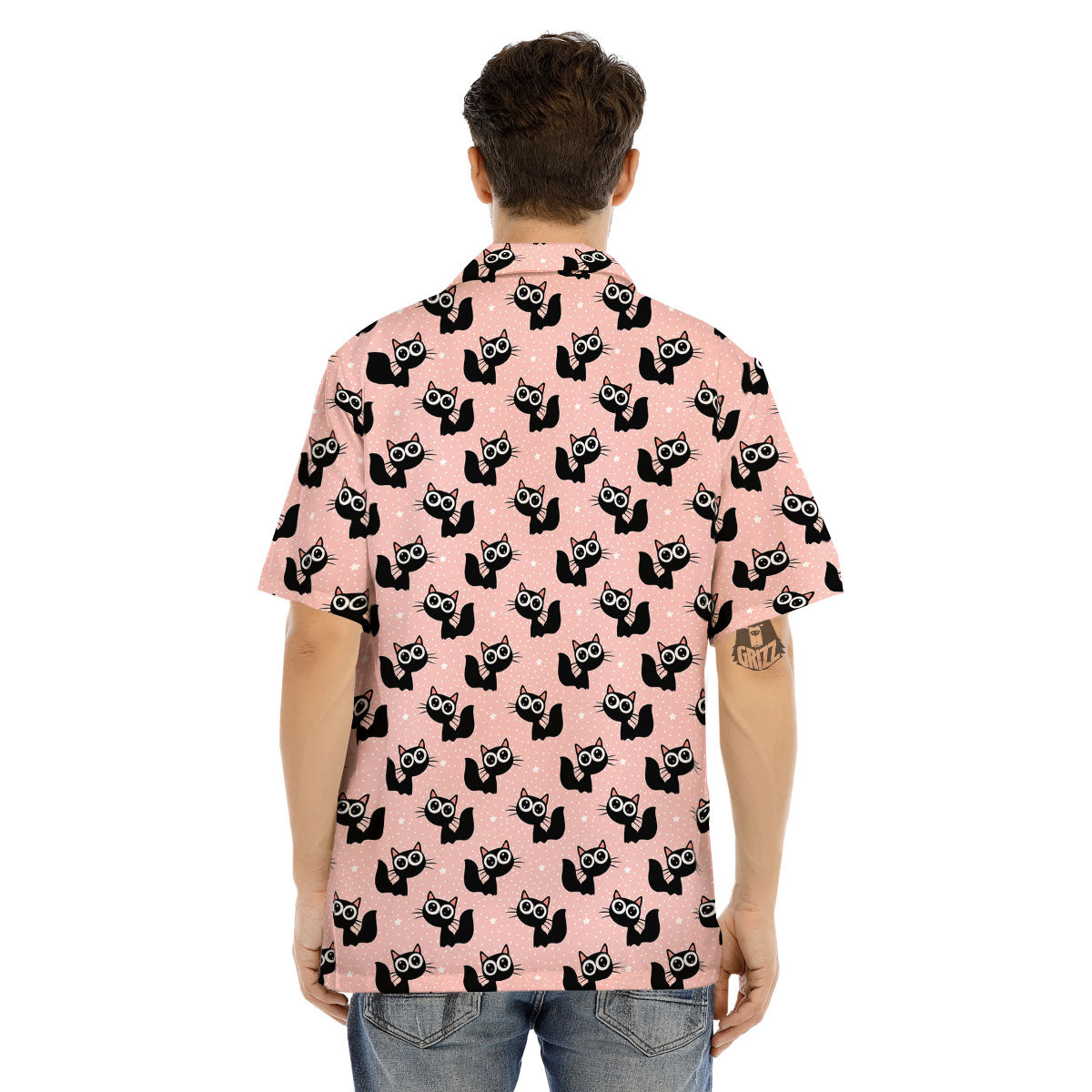 Pink And Black Cat Print Pattern Men's Hawaiian Shirt-grizzshop