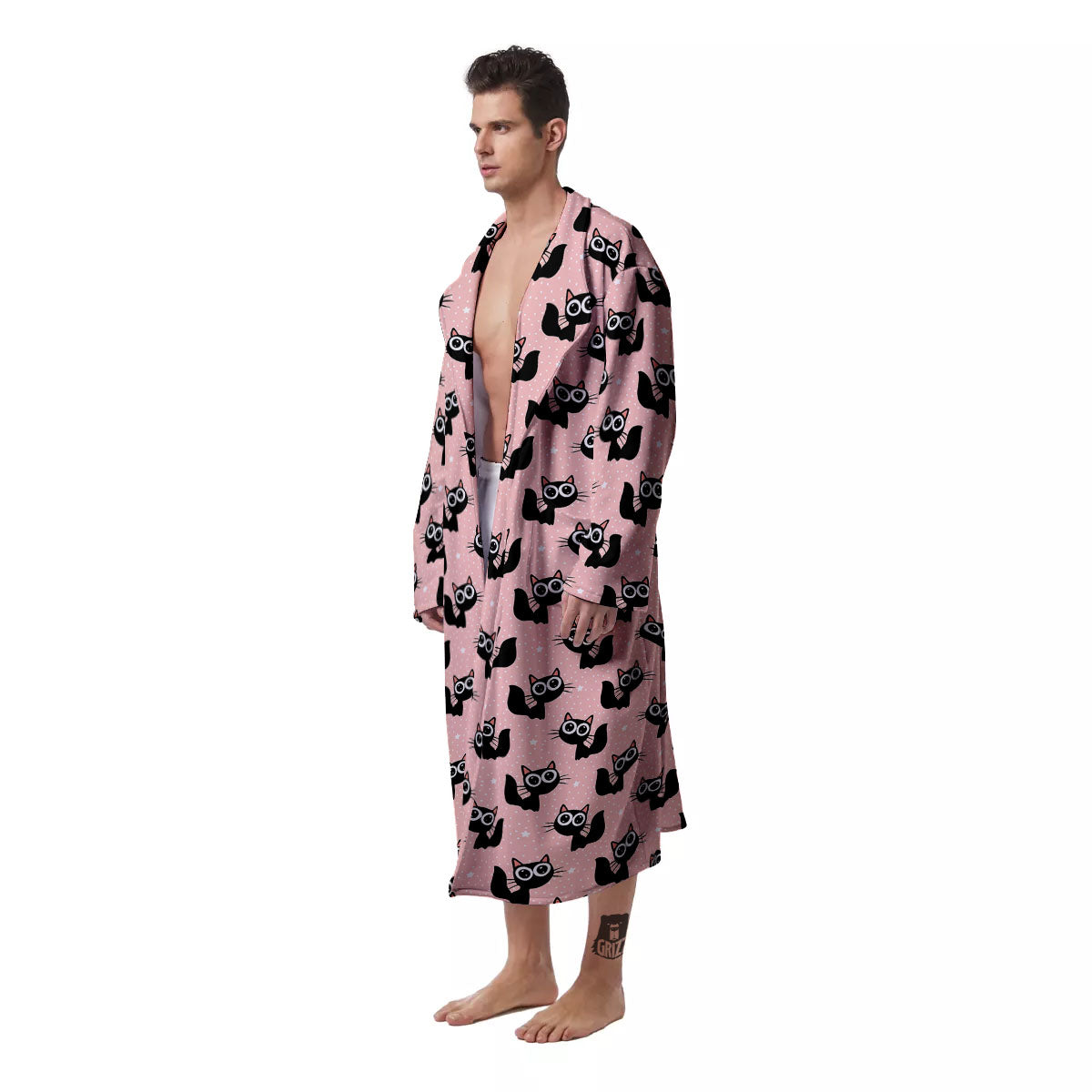 Pink And Black Cat Print Pattern Men's Robe-grizzshop