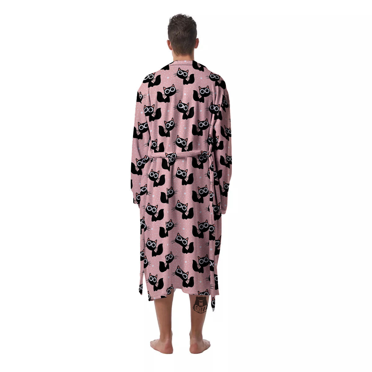 Pink And Black Cat Print Pattern Men's Robe-grizzshop
