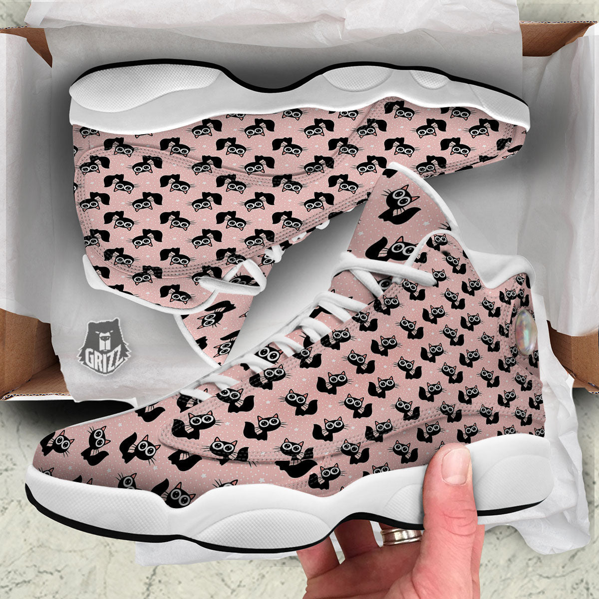 Pink And Black Cat Print Pattern White Basketball Shoes-grizzshop