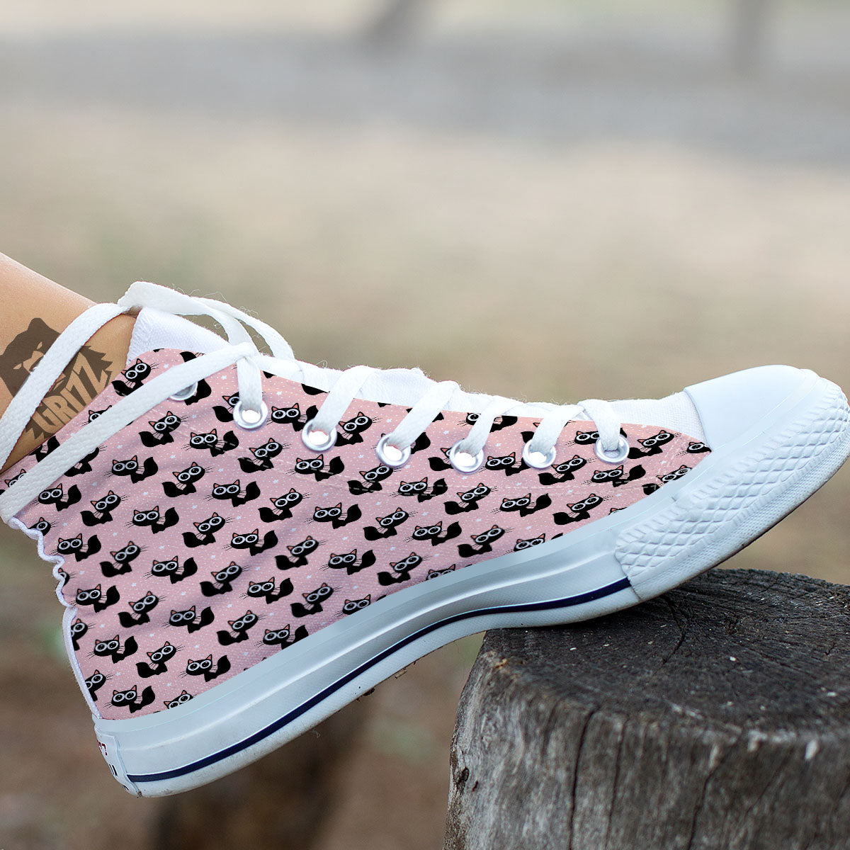 Pink And Black Cat Print Pattern White High Top Shoes-grizzshop