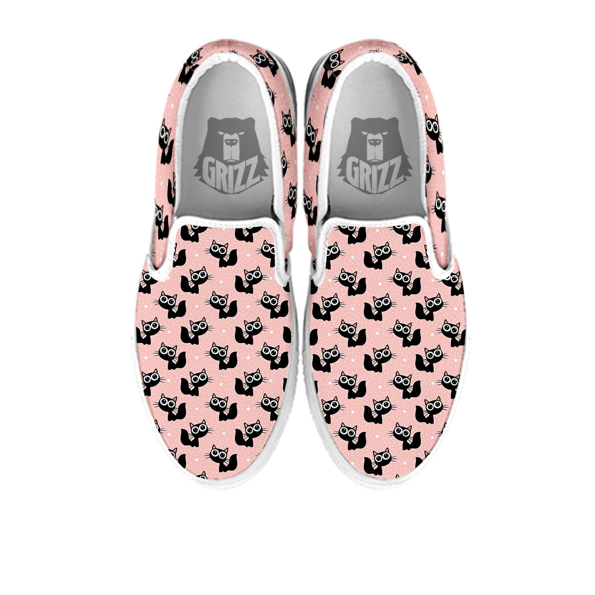 Pink And Black Cat Print Pattern White Slip On Shoes-grizzshop