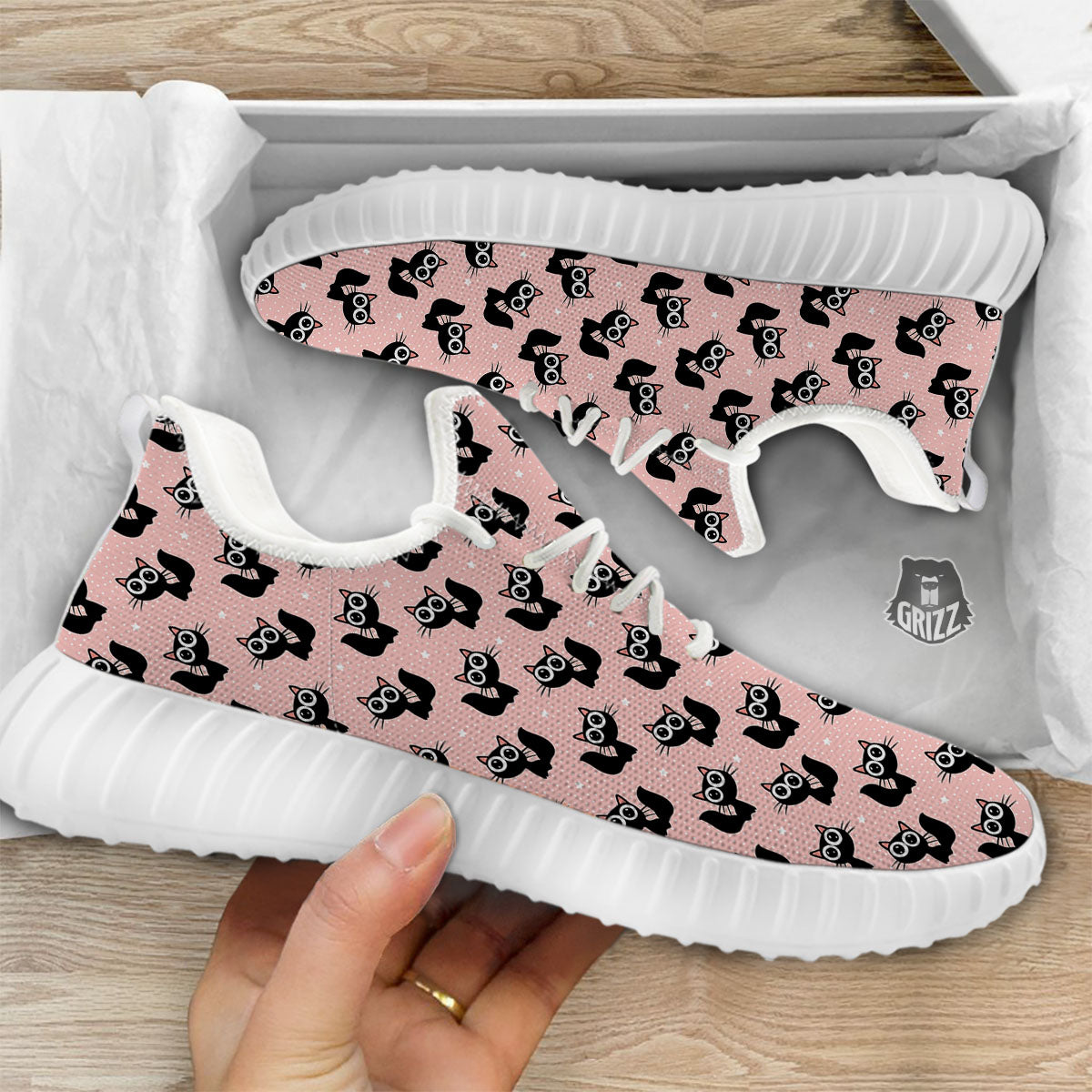 Pink And Black Cat Print Pattern White Walking Shoes-grizzshop