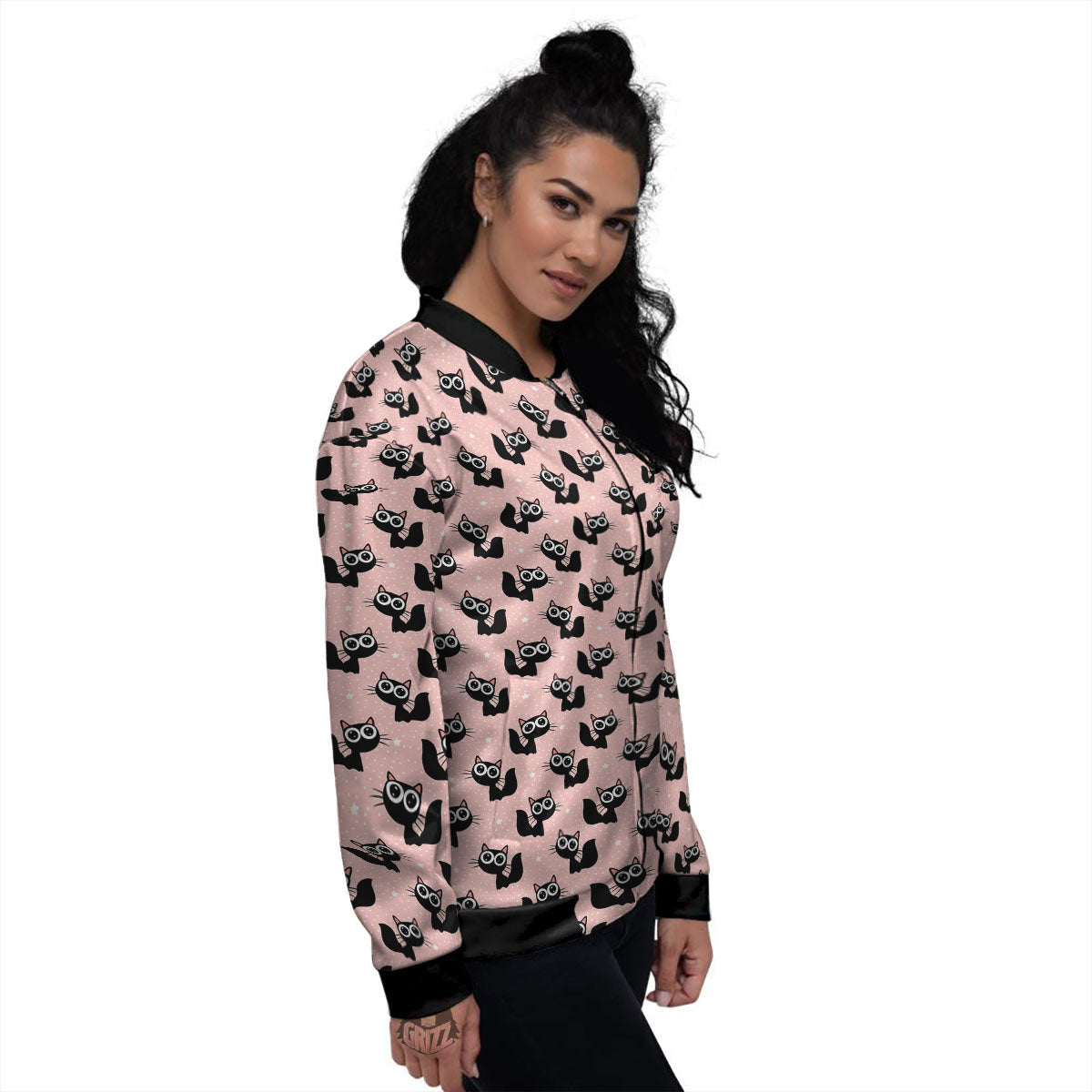 Pink And Black Cat Print Pattern Women's Bomber Jacket-grizzshop