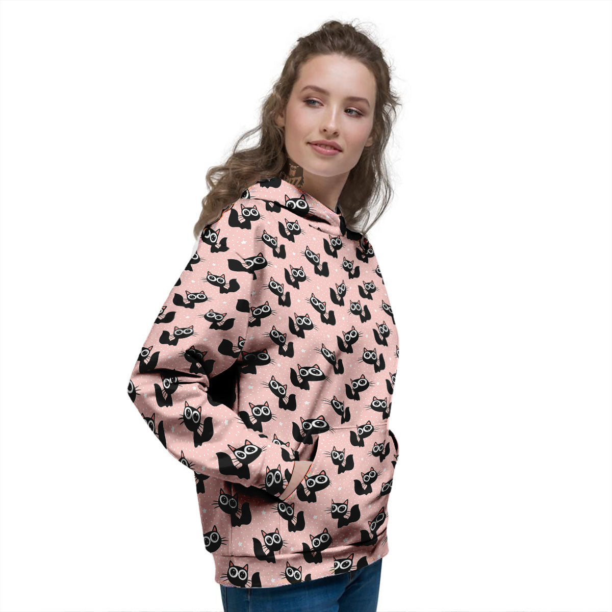 Pink And Black Cat Print Pattern Women's Hoodie-grizzshop