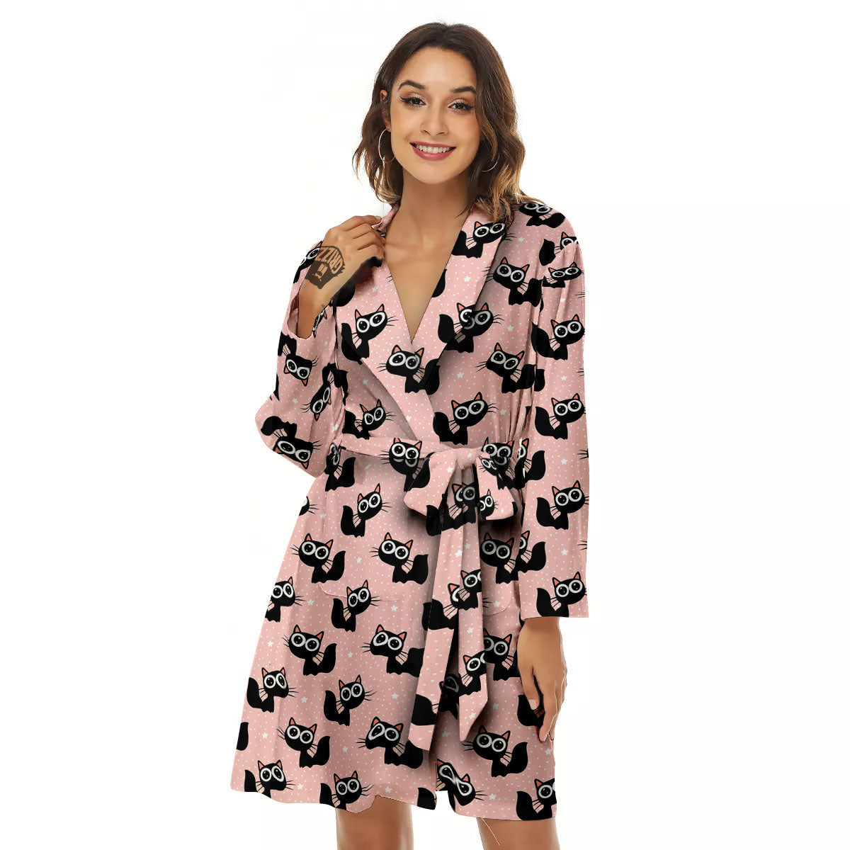 Pink And Black Cat Print Pattern Women's Robe-grizzshop