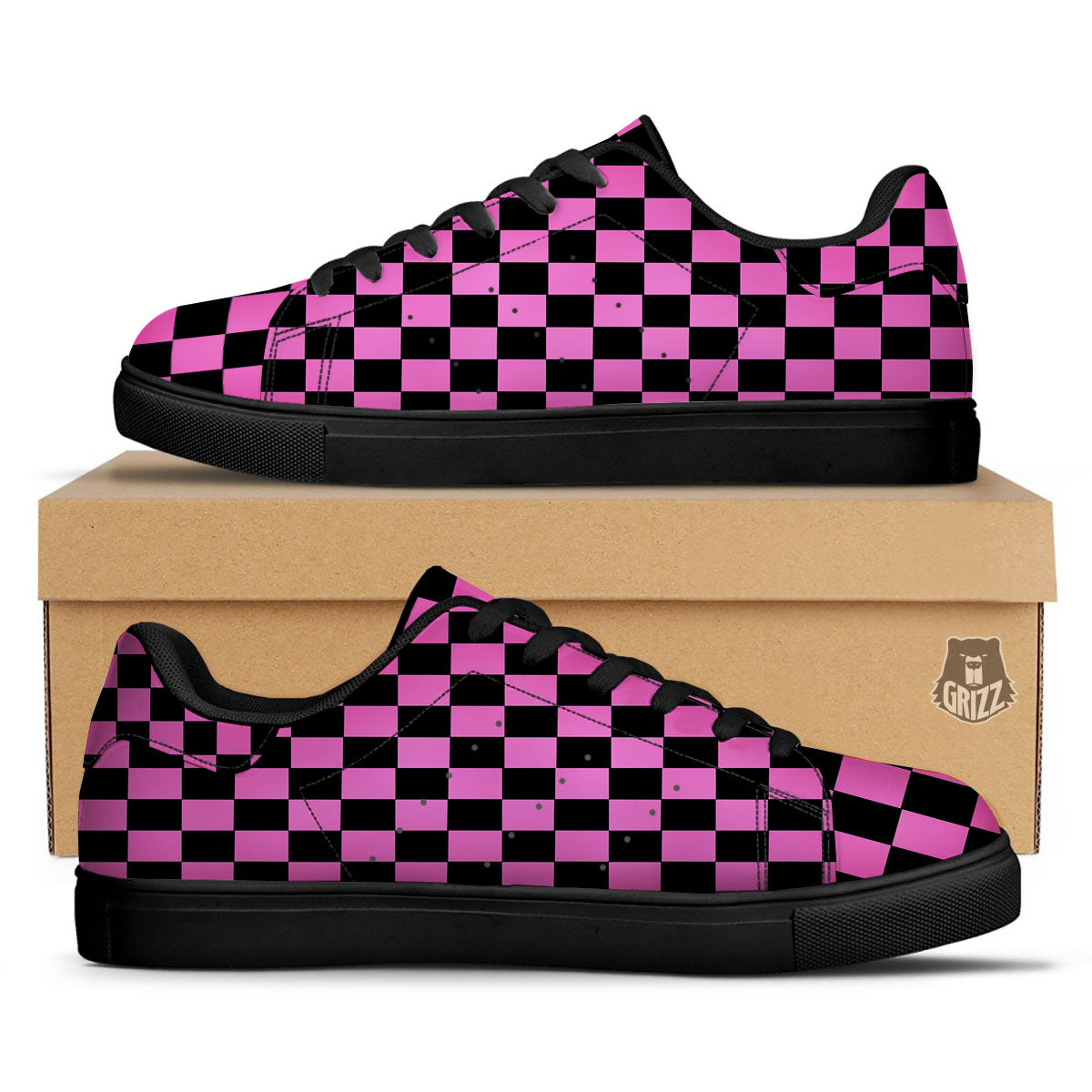 Pink And Black Checkered Print Pattern Black Low Top Sneakers-grizzshop