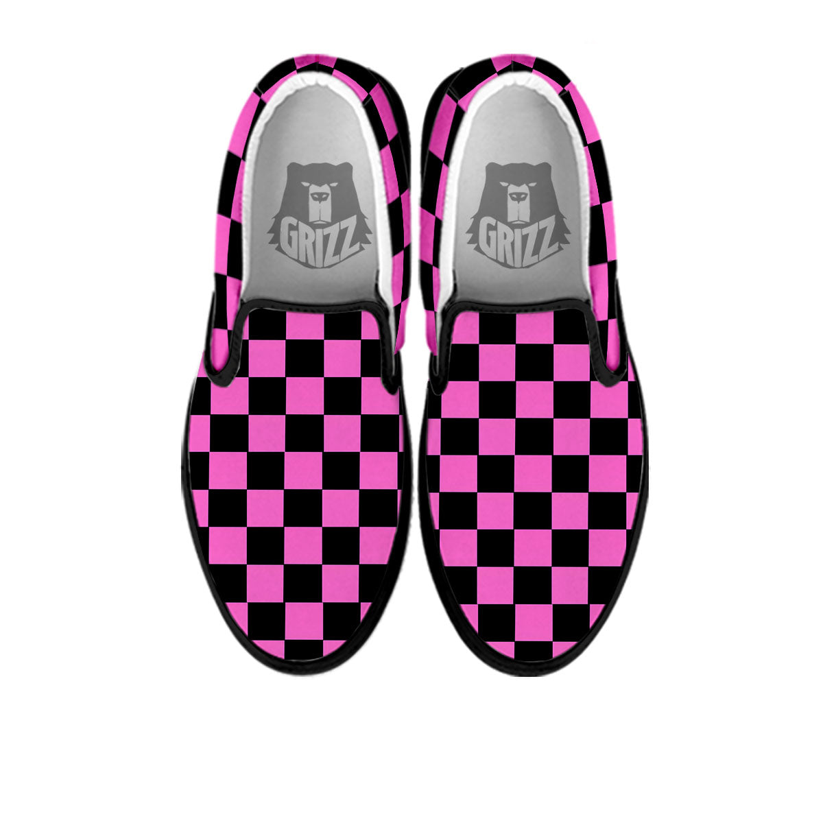 Pink And Black Checkered Print Pattern Black Slip On Shoes-grizzshop