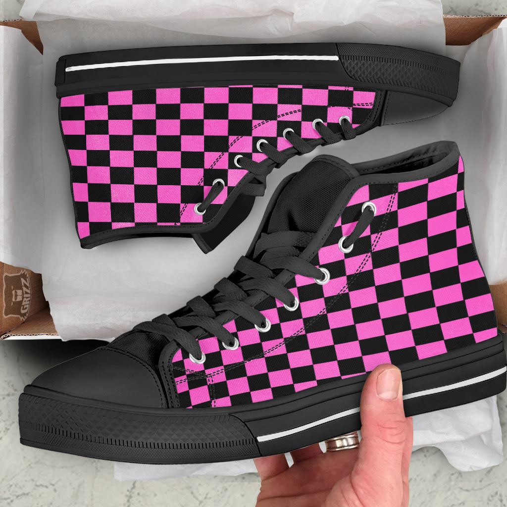 Pink And Black Checkered Print Pattern High Top Shoes-grizzshop