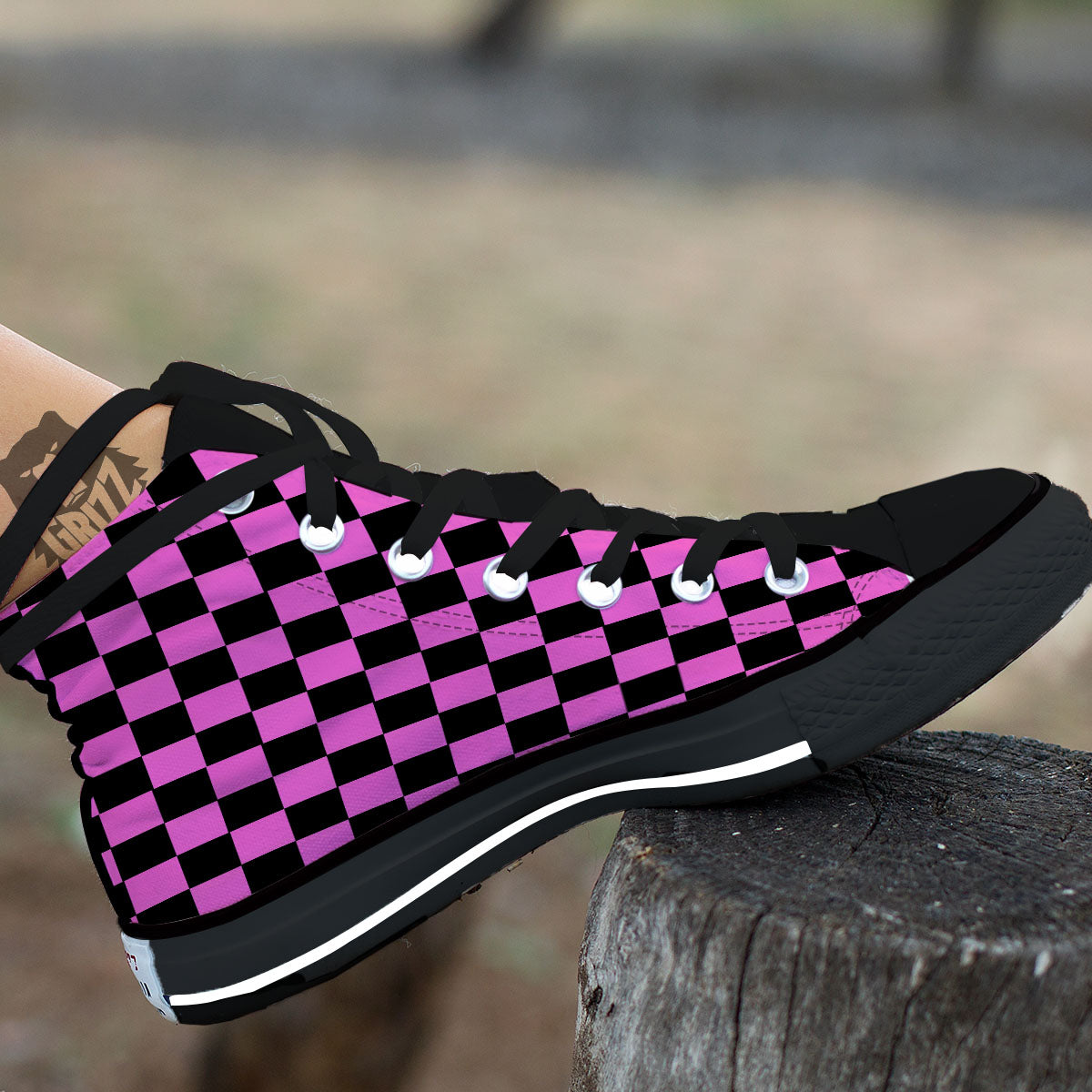Pink And Black Checkered Print Pattern High Top Shoes-grizzshop