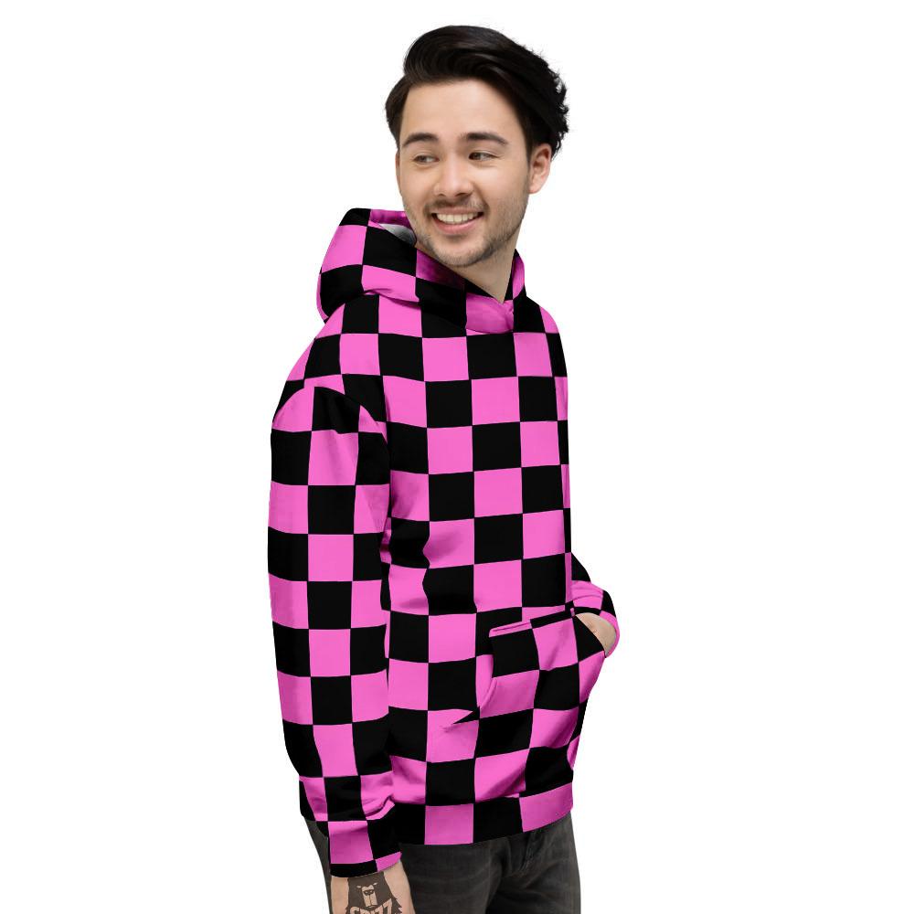 Pink And Black Checkered Print Pattern Men's Hoodie-grizzshop