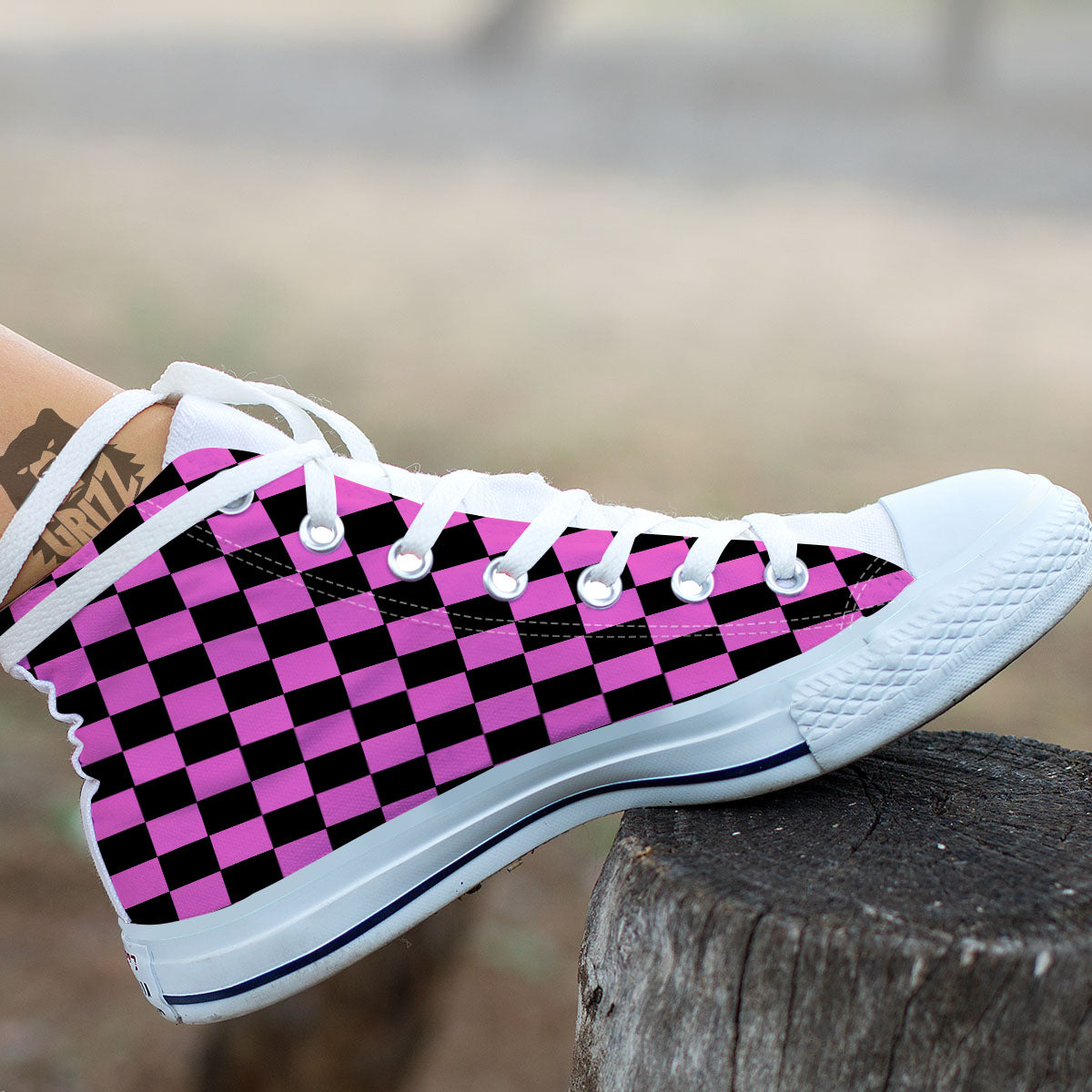 Pink And Black Checkered Print Pattern White High Top Shoes-grizzshop
