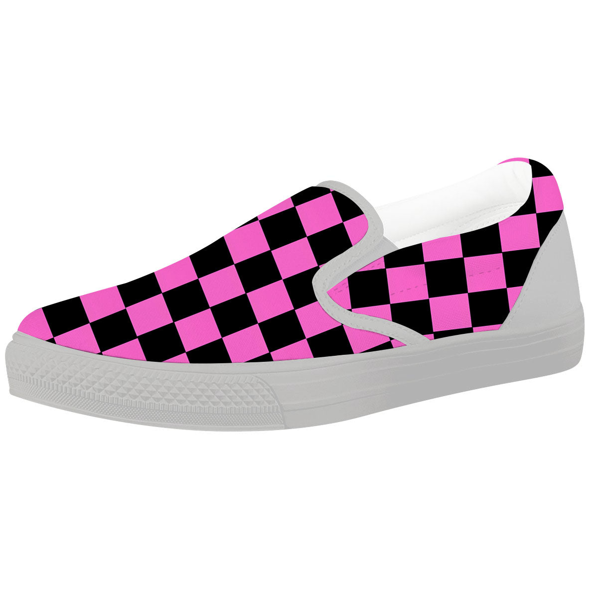 Pink And Black Checkered Print Pattern White Slip On Shoes-grizzshop