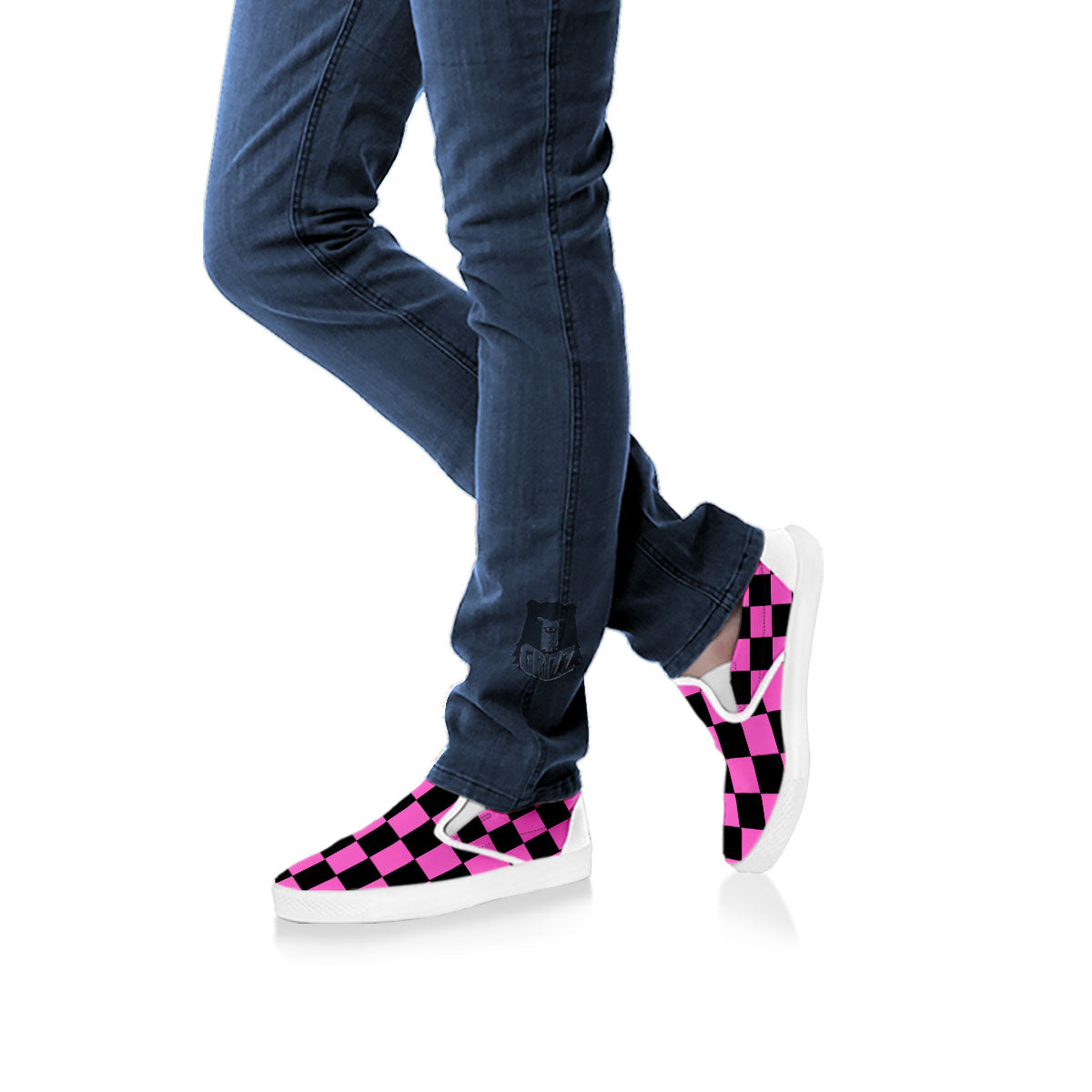 Pink And Black Checkered Print Pattern White Slip On Shoes-grizzshop