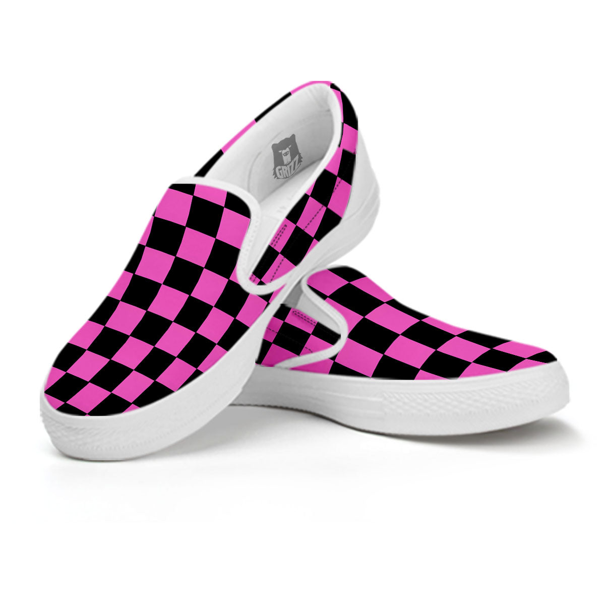Pink And Black Checkered Print Pattern White Slip On Shoes-grizzshop