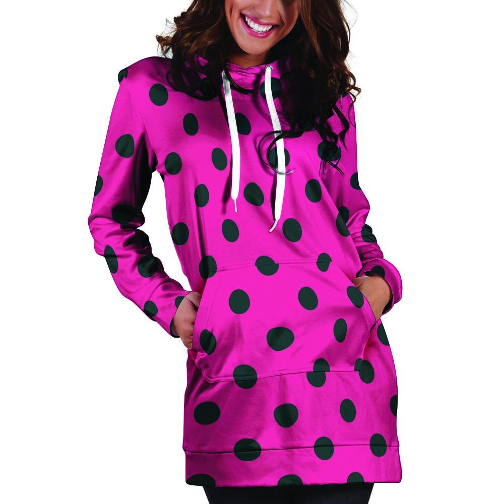Pink And Black Polka Dot Hoodie Dress-grizzshop