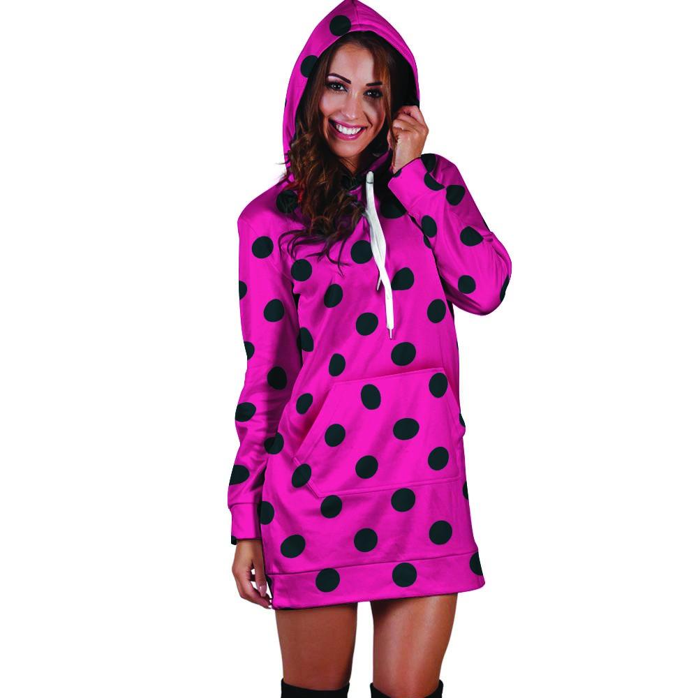 Pink And Black Polka Dot Hoodie Dress-grizzshop