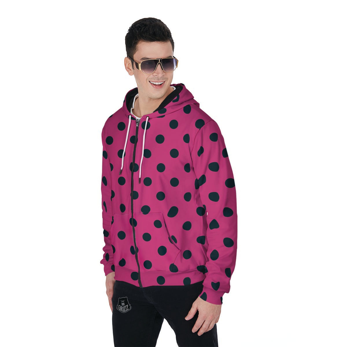 Pink And Black Polka Dot Men's Zip Up Hoodie-grizzshop