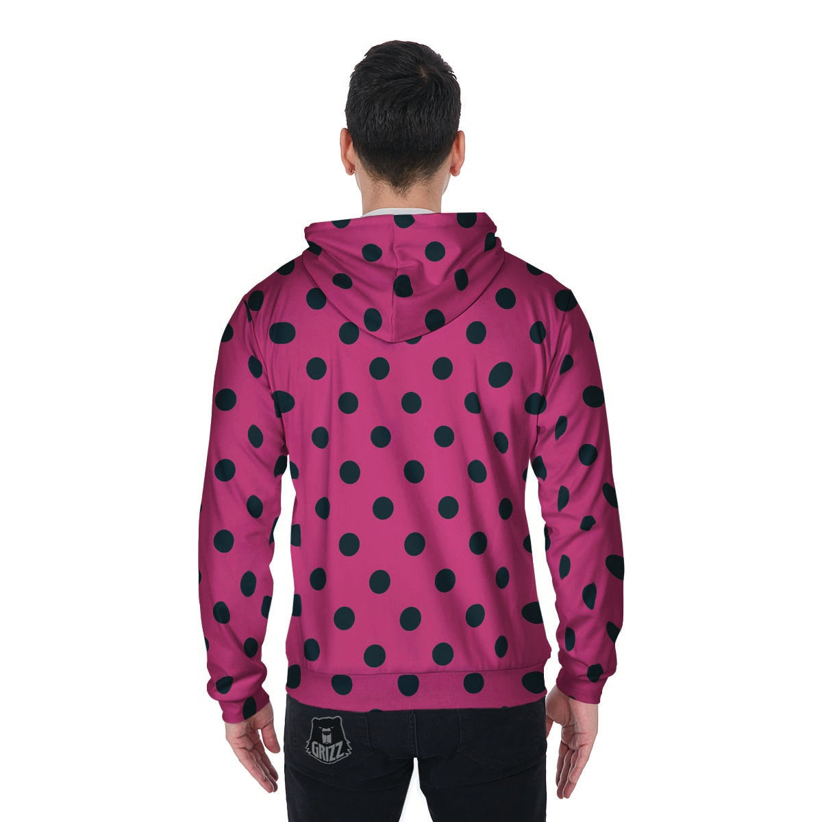Pink And Black Polka Dot Men's Zip Up Hoodie-grizzshop