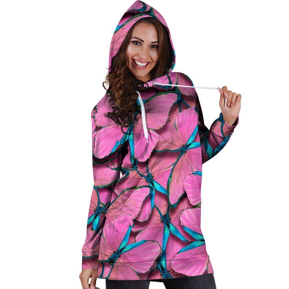 Pink And Blue Butterfly Print Hoodie Dress-grizzshop