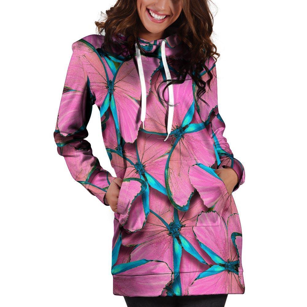 Pink And Blue Butterfly Print Hoodie Dress-grizzshop