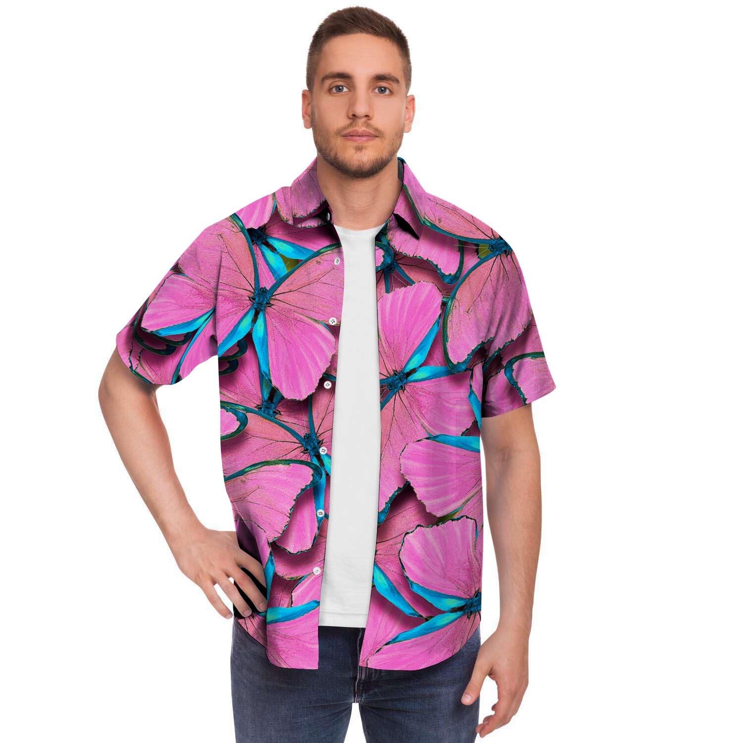 Pink And Blue Butterfly Print Men's Short Sleeve Shirt-grizzshop